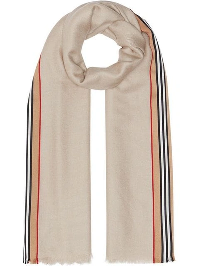 Shop Burberry Icon Stripe Cashmere Silk Scarf In Neutrals