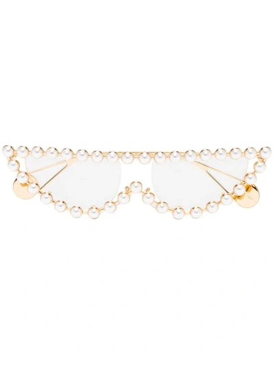 Shop Gucci Gold Toned Pearl Embellished Cat Eye Sunglasses In Gold ,white