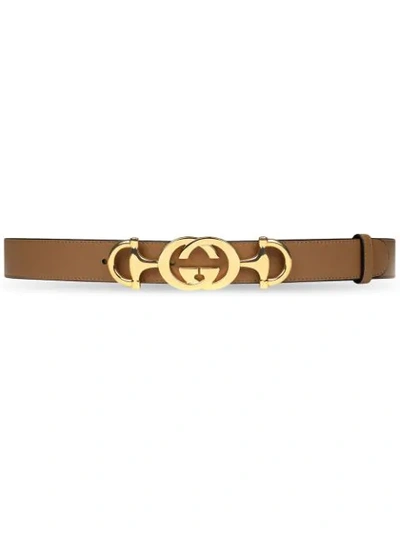 Shop Gucci Leather Belt With Interlocking G Horsebit In Brown