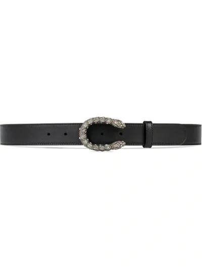 Shop Gucci Leather Belt With Crystal Dionysus Buckle In Black