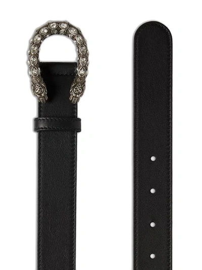 Shop Gucci Leather Belt With Crystal Dionysus Buckle In Black