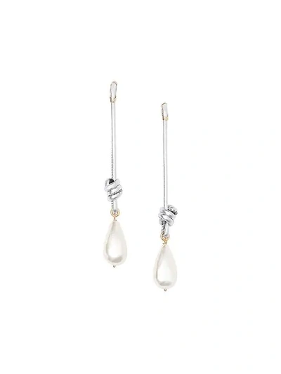 Shop Burberry Faux Pearl Detail Leather Drop Earrings In White
