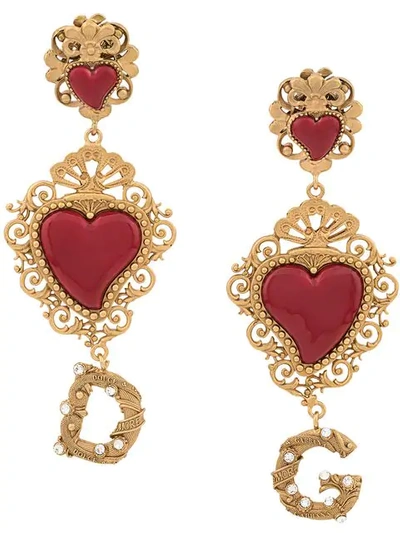 Shop Dolce & Gabbana Logo Heart Earrings In Zoo00 Gold/red