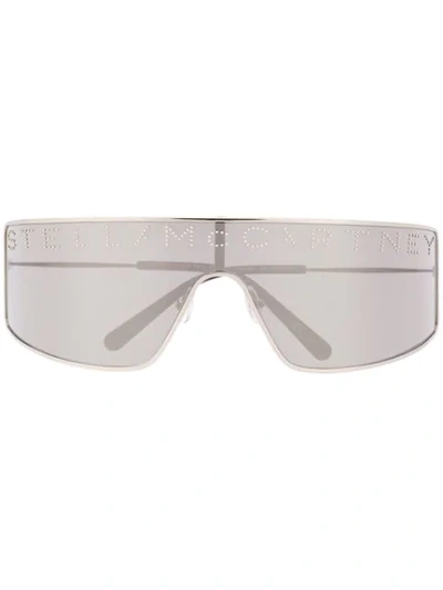 Shop Stella Mccartney Studded Logo Mask Sunglasses In Silver