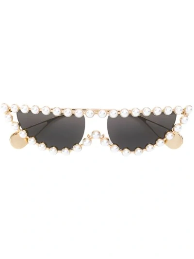 Shop Gucci Pearl Embellished Sunglasses In Gold