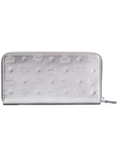 Shop Mcm Zip Around Wallet In Silver