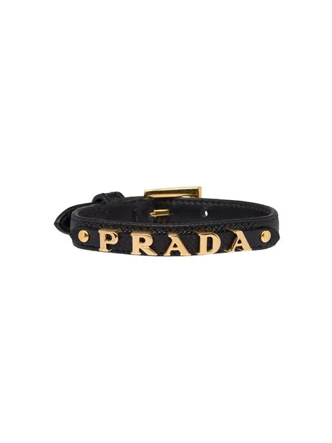 Prada Saffiano Leather Logo Bracelet In Black | ModeSens