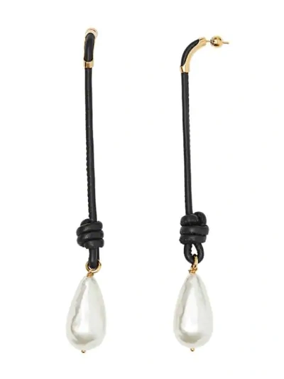 Shop Burberry Faux Pearl Detail Leather Drop Earrings In Gold