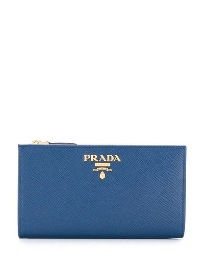Shop Prada Logo Plaque Wallet In Blue