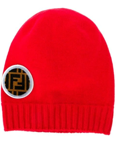 Shop Fendi Ff Logo Patch Beanie - Red