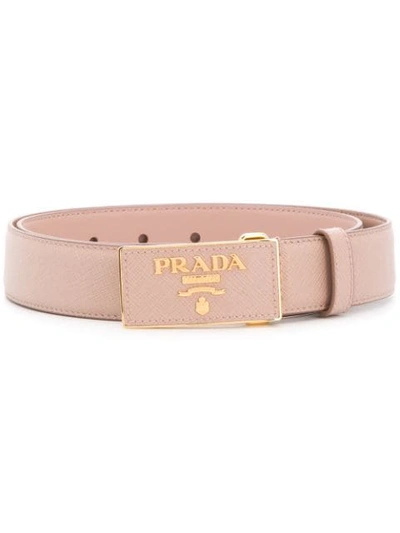 Shop Prada Logo-plate Buckle Belt In Neutrals