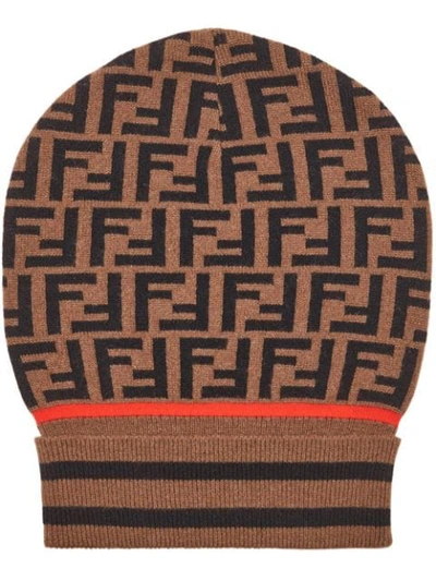 Shop Fendi Ff Logo Beanie In Brown