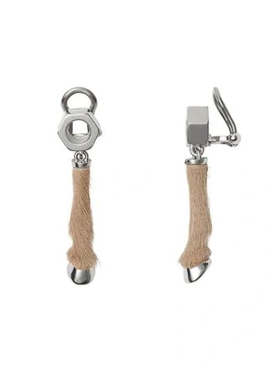 Shop Burberry Calf Hair And Palladium-plated Hoof Drop Earrings In Neutrals