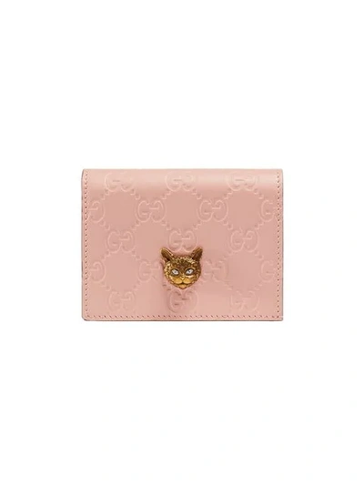 Shop Gucci Signature Card Case With Cat In Pink