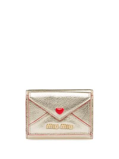 Shop Miu Miu Madras Leather Love Wallet In Gold
