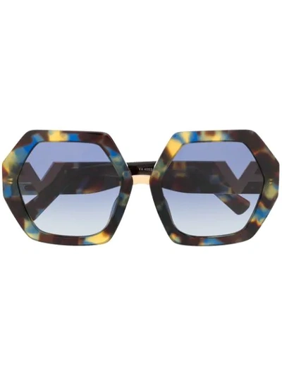 Shop Valentino Hexagonal Oversized V Logo Sunglasses In Brown