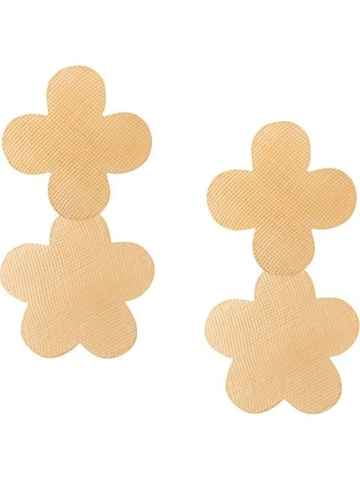 Shop Annie Costello Brown Floral Shaped Drop Down Earrings In Gold