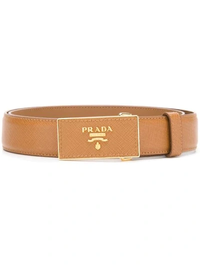 Shop Prada Logo Plate Buckle Belt In Brown