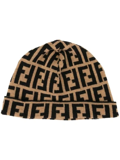 Shop Fendi Zucca Pattern Knit Beanie - Brown
