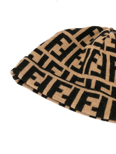 Shop Fendi Zucca Pattern Knit Beanie - Brown