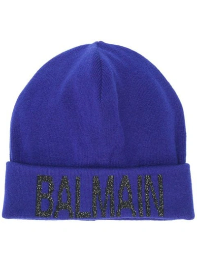 Shop Balmain Logo Ribbed Beanie In Blue