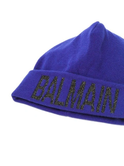Shop Balmain Logo Ribbed Beanie In Blue