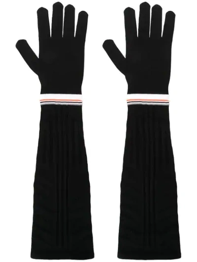 Shop Prada Stripe Trim Long Ribbed Gloves - Black