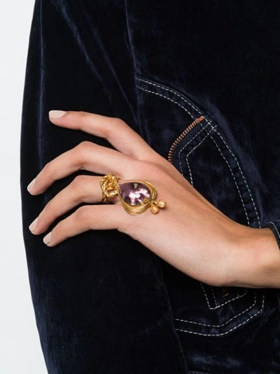 Shop Saint Laurent Large Knot Stone And Pearl Ring In Gold