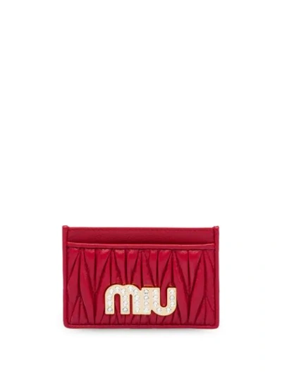 Shop Miu Miu Matelassé Embellished Logo Cardholder In Red