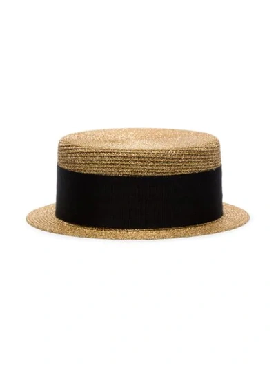 SAINT LAURENT METALLIC GOLD AND BLACK SMALL STRAW BOATER HAT - 金色
