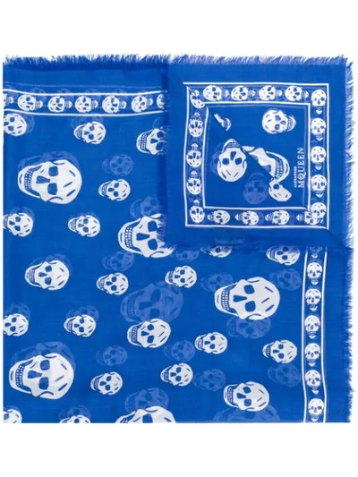 Shop Alexander Mcqueen Fringed Skull-print Scarf In Blue