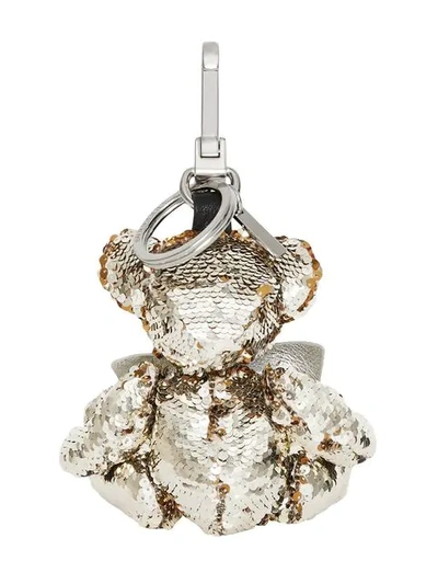 Shop Burberry Thomas Bear Charm In Sequins And Leather In Silver