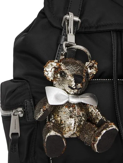 Shop Burberry Thomas Bear Charm In Sequins And Leather In Silver
