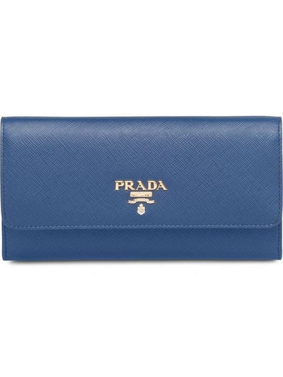 Shop Prada Logo Plaque Credit Card Wallet In Blue