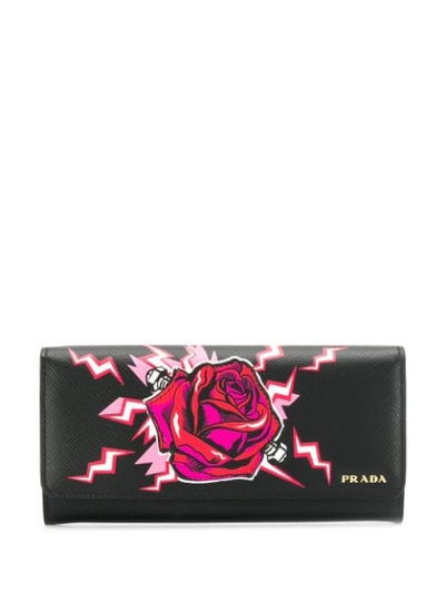 Shop Prada Rose Print Continental Wallet In Black