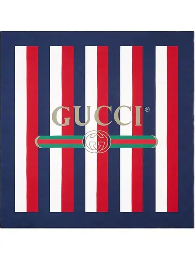 Shop Gucci Blue, White And Red  Logo Sylvie Stripe Silk Scarf In Multicolour
