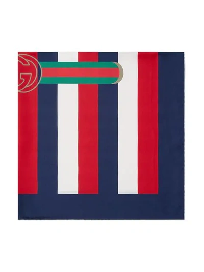 Shop Gucci Blue, White And Red  Logo Sylvie Stripe Silk Scarf In Multicolour