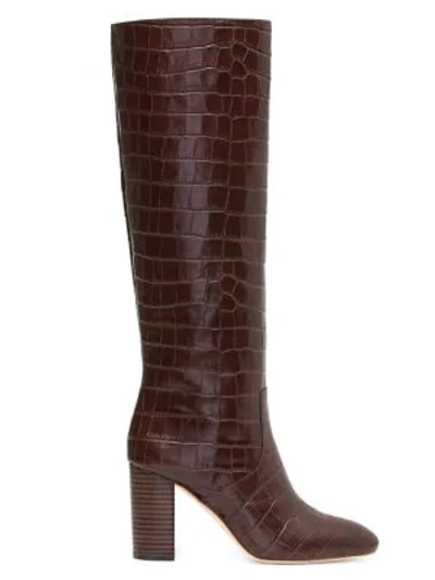 Shop Loeffler Randall Women's Goldy Knee-high Croc-embossed Leather Boots In Dark Brown