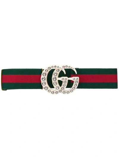 Shop Gucci Web Elastic Belt With Embellished Gg In Green