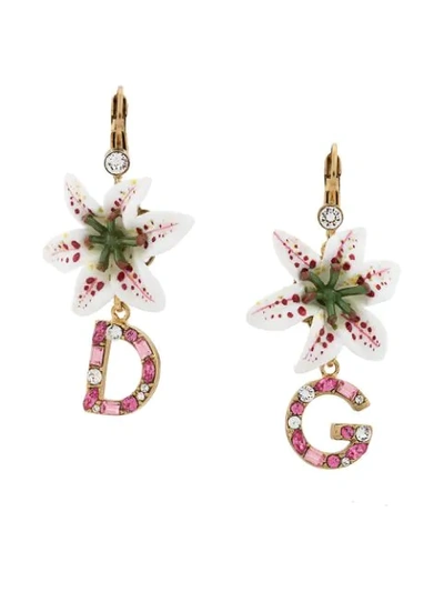 Shop Dolce & Gabbana Flower And Logo Pendant Earrings In Gold ,white