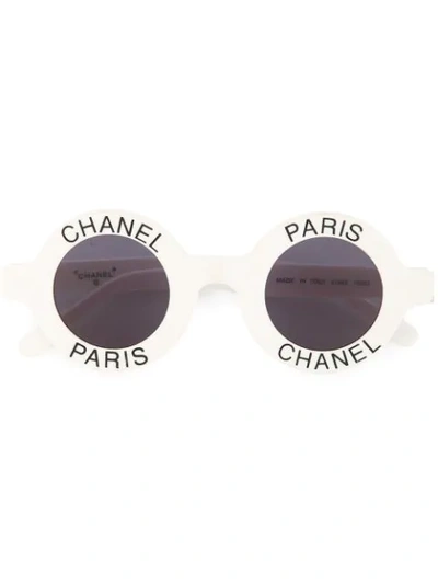 Pre-owned Chanel 1990s Logo-print Round-frame Sunglasses In White