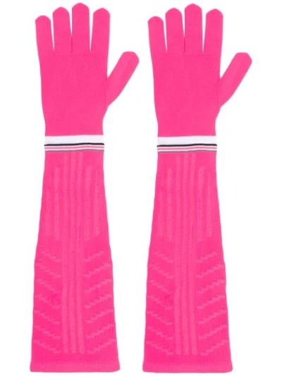 Shop Prada Long Logo Gloves In F087q Pink + Bianco