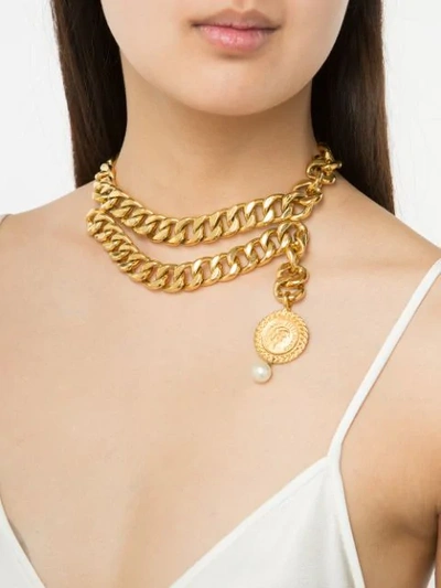 Pre-owned Chanel Chain Link Faux Pearl Choker In Metallic