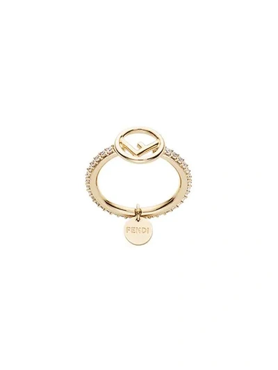 Shop Fendi Crystal-embellished Logo Ring In Metallic