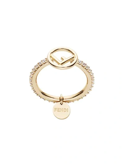 Shop Fendi Crystal-embellished Logo Ring In Metallic