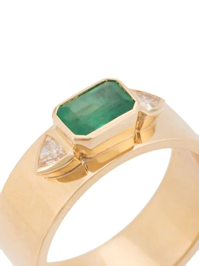 Shop Azlee 18kt Yellow Gold, Emerald And White Trilliondiamonds Ring In Ylwgld