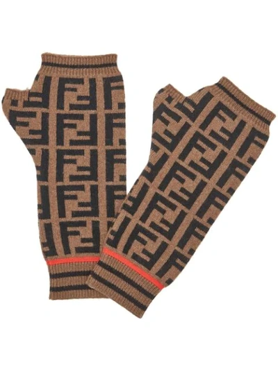 Shop Fendi Ff Motif Fingerless Gloves In Brown