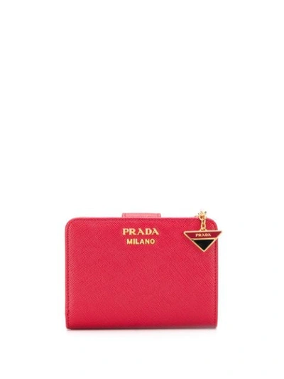 Shop Prada Lettering Logo Leather Wallet In Red