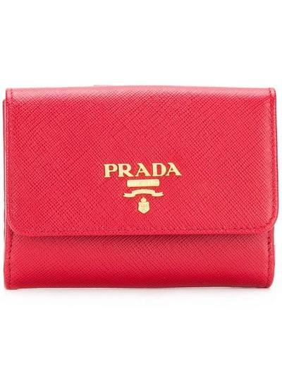 Shop Prada Logo Plaque Flap Wallet In Red