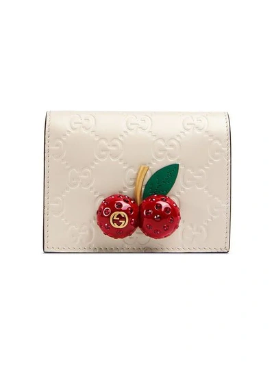 Shop Gucci Signature Card Case With Cherries In 8597 White